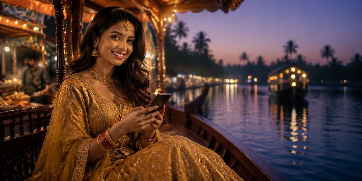 Indian woman enjoying mobile casino in Kerala backwaters